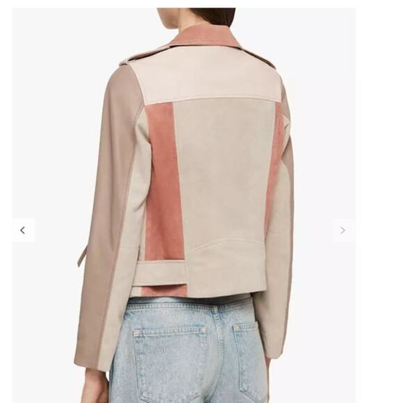 Allsaints Balfern Goat Mix Leather Pink and Tan Cropped Biker Jacket Size 0 - Picture 2 of 8